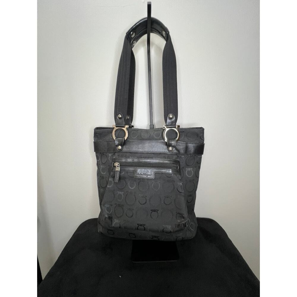 Salvatore Ferragamo Black Gancini Monogram Canvas Leather Tote Bag